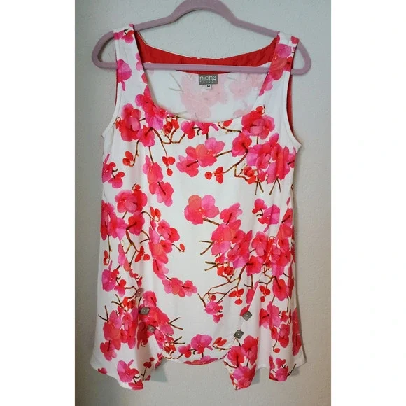 Niche Nilgun Derman Square Neck Sleevless Red Floral Viscose Lagenlook Top M - Picture 1 of 4